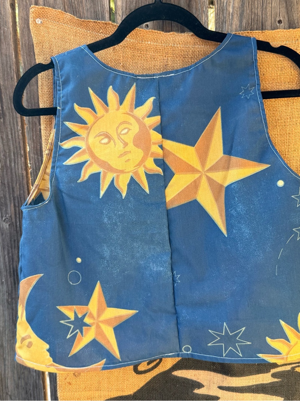 Handmade vintage Sun & Moon fabric top- Blue & Yellow - Picture 2 of 5